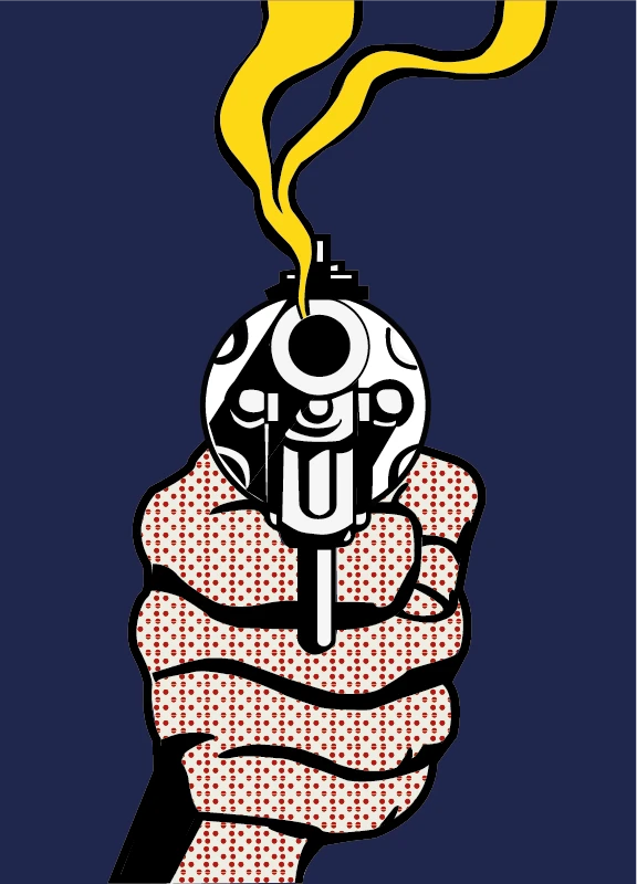 illustrations d'une main avec des motifs en formes de rond rouge entrain de braquet un pistolet vers nous. Le fond est bleu