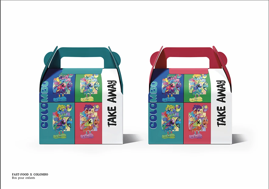 box de fast food pour enfaces avec des illustrations colorée par dessus