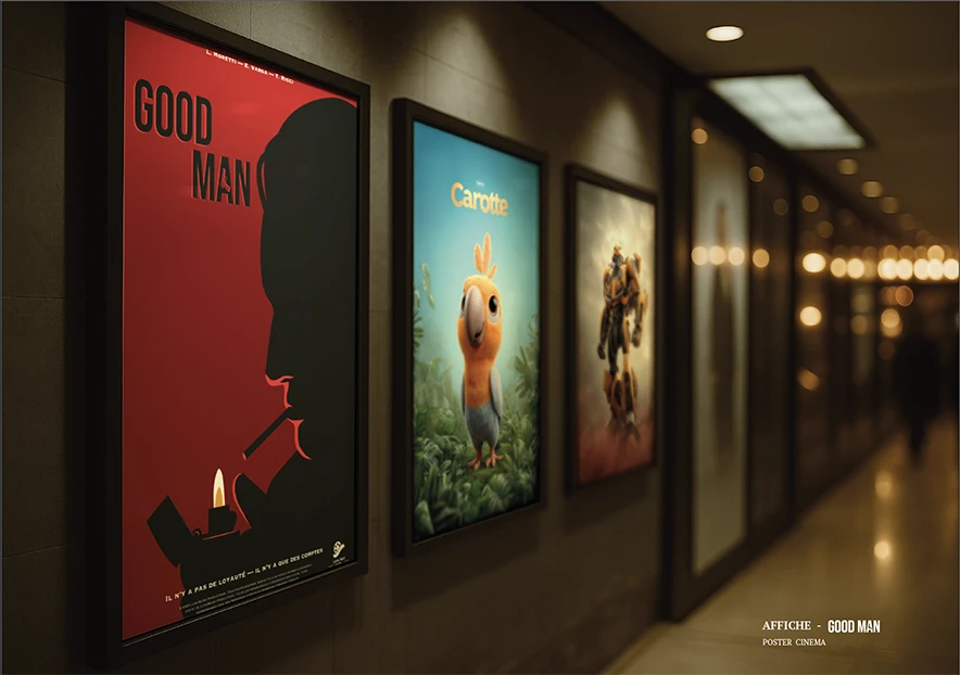 Couloirs de cinema avec trois affiches. Une affiche rouge good man avec l'ombre d'un homme entrain de fumer une cigarette, c'est une affiche de film