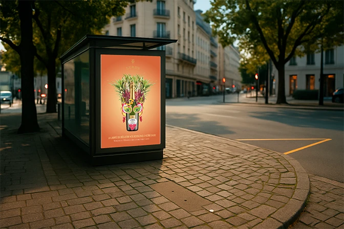 affiche d'une bouteille de champagne avec une tête fait avec des fruits sur une station de bus en pleines rue en journée