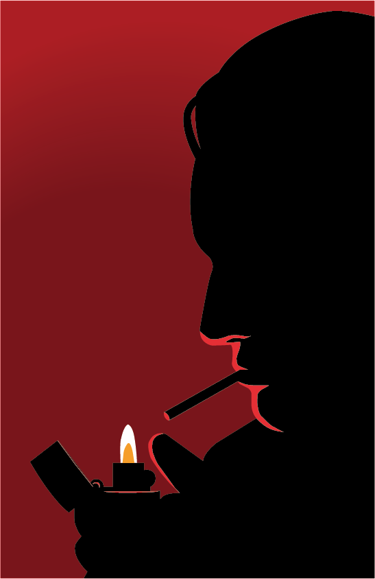 affiche d'une ombre d'un homme sur un fond rouge entrain d'allumer une cigarette.