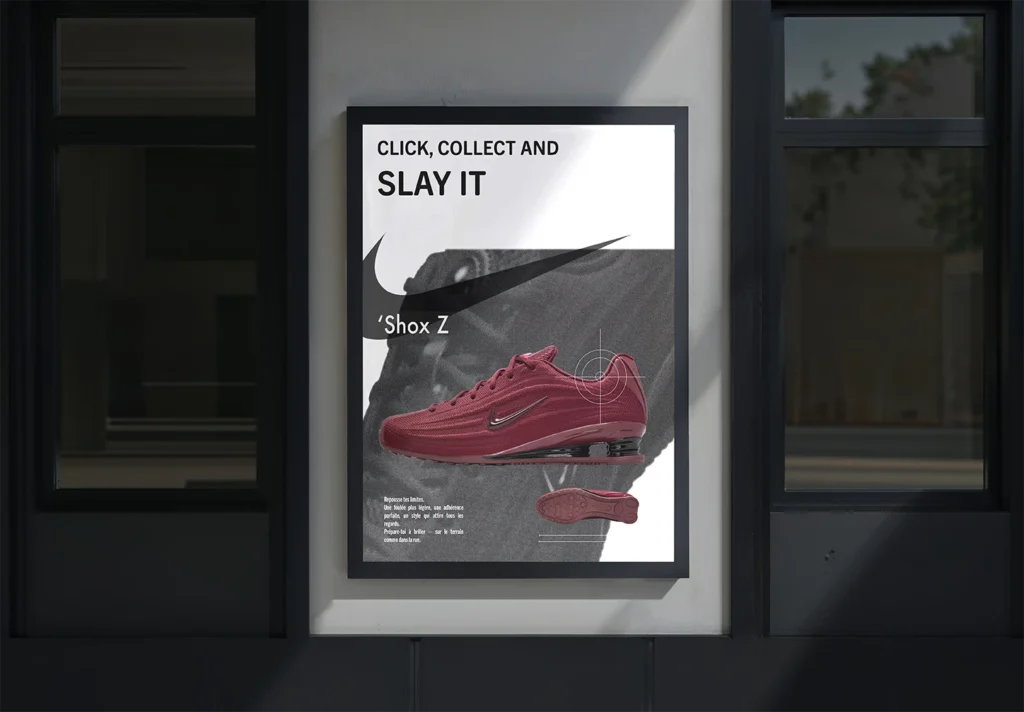 affiche avec une basket nike bordeau au centre dans un cadre entre deux fenêtres