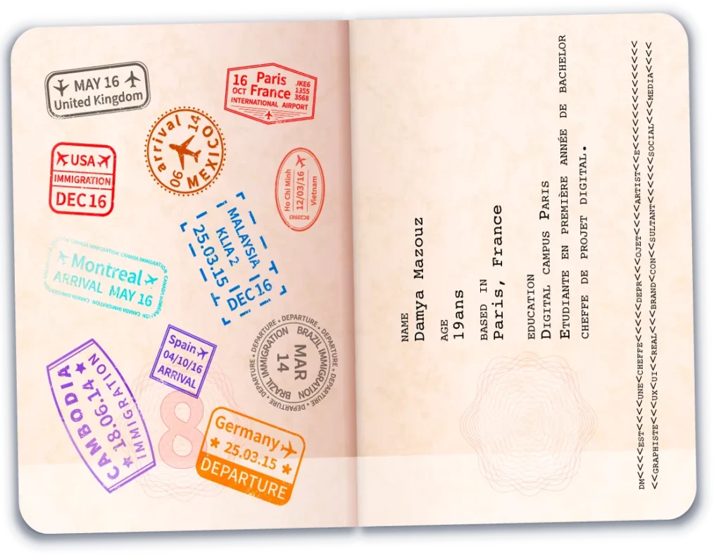 Intérieure de passeport, avec tampons de pays sur une page, sur la deuxième page un texte explicatif