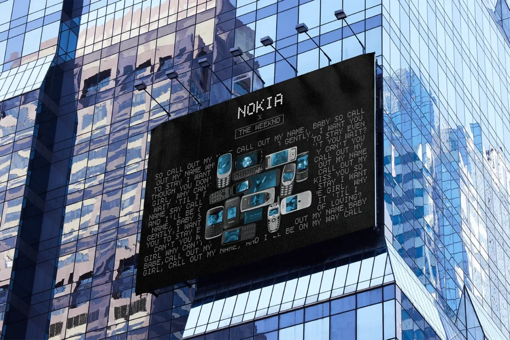 Affiche sur un grand panneau publicitaire sur un building. un affiche noir sur les téléphones ancienne générations Nokia